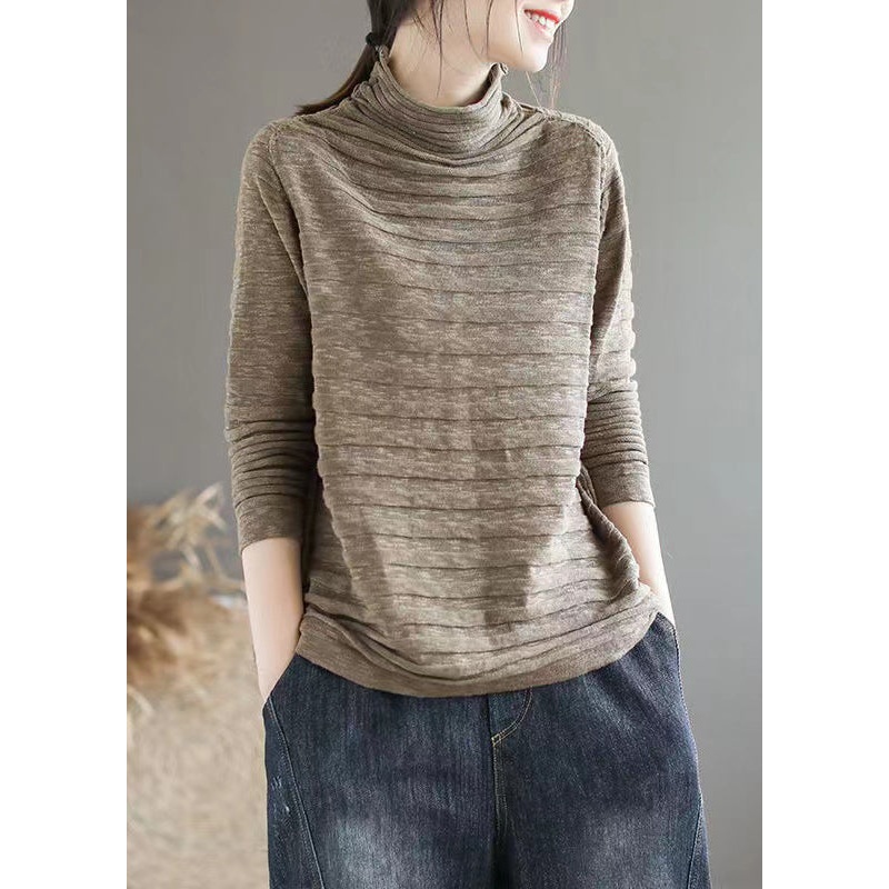 New Dark Khaki Turtleneck Patchwork Knitting Cotton Long Sleeve