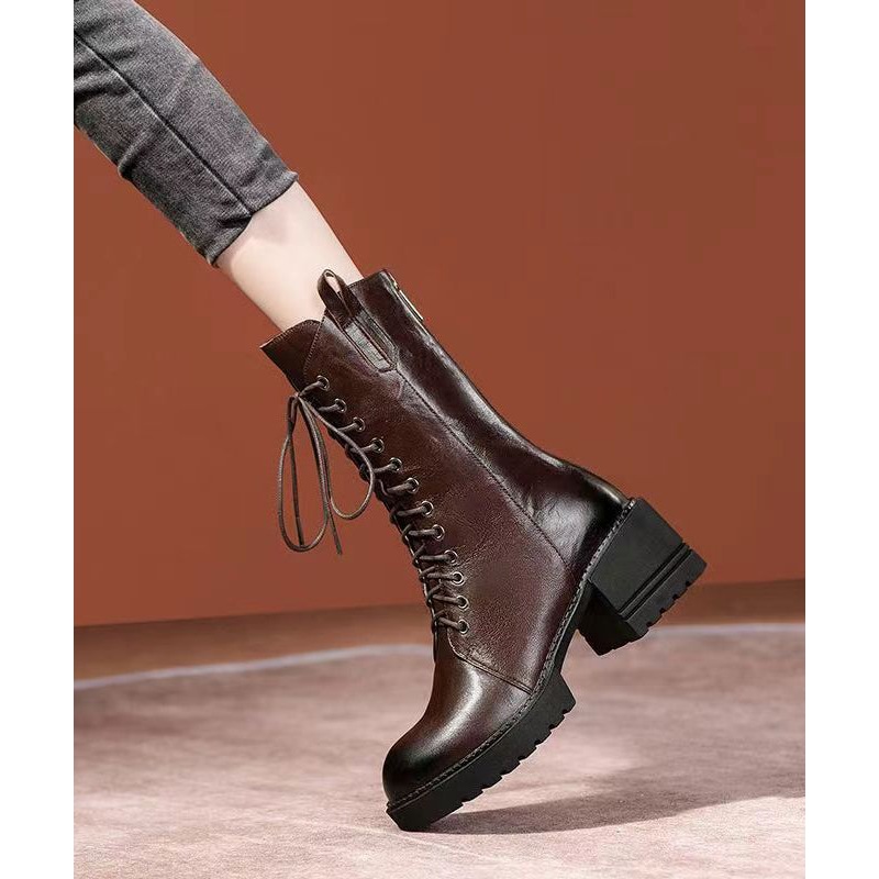New Handmade Splicing Chunky Boots Coffee Cowhide Leather