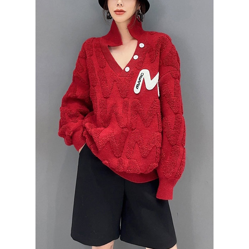 New Red Peter Pan Collar Patchwork Cozy Knit Top Fall