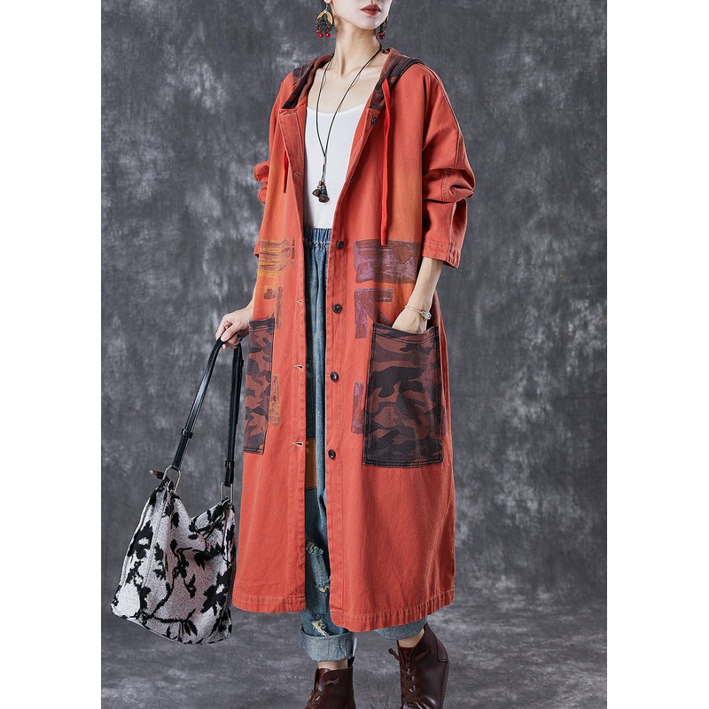 Orange Patchwork Cotton Trench Oversized Big Pockets Fall