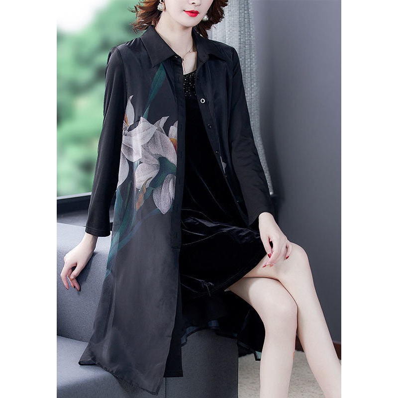 Original Design Black Peter Pan Collar Print Silk Shirt Coat Long Sleeve