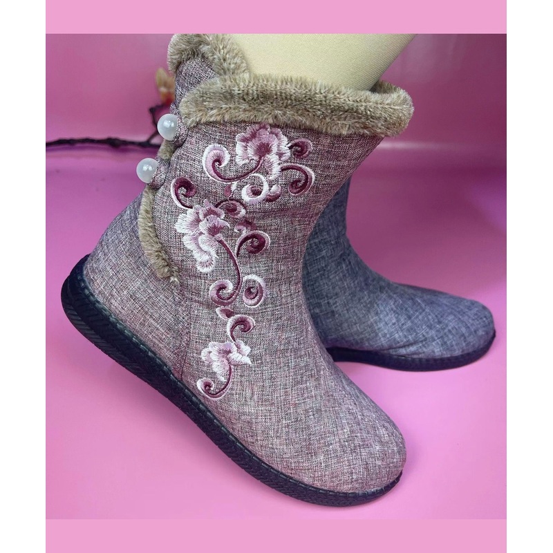 Pink Cotton Fabric Embroidery Splicing Fuzzy Wool Lined Boots
