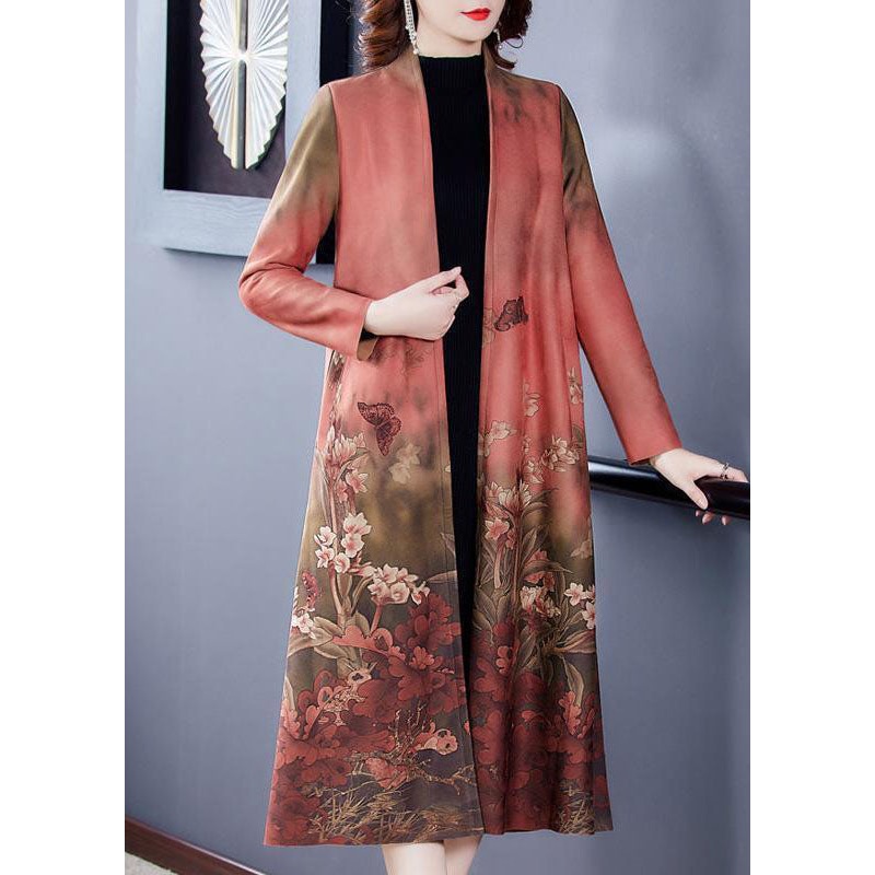 Pink Print Faux Suede Trench Coats Oversized Long Sleeve