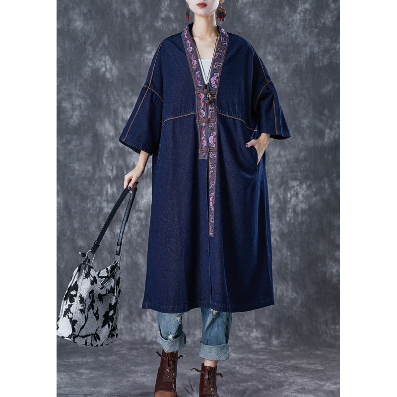 Plus Size Navy Embroideried Chinese Button Denim Trench Fall