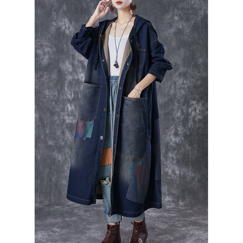 Plus Size Navy Hooded Asymmetrical Big Pockets Denim Trench Fall