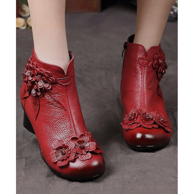 Red Chunky Cowhide Leather Comfy Floral Splicing Boots