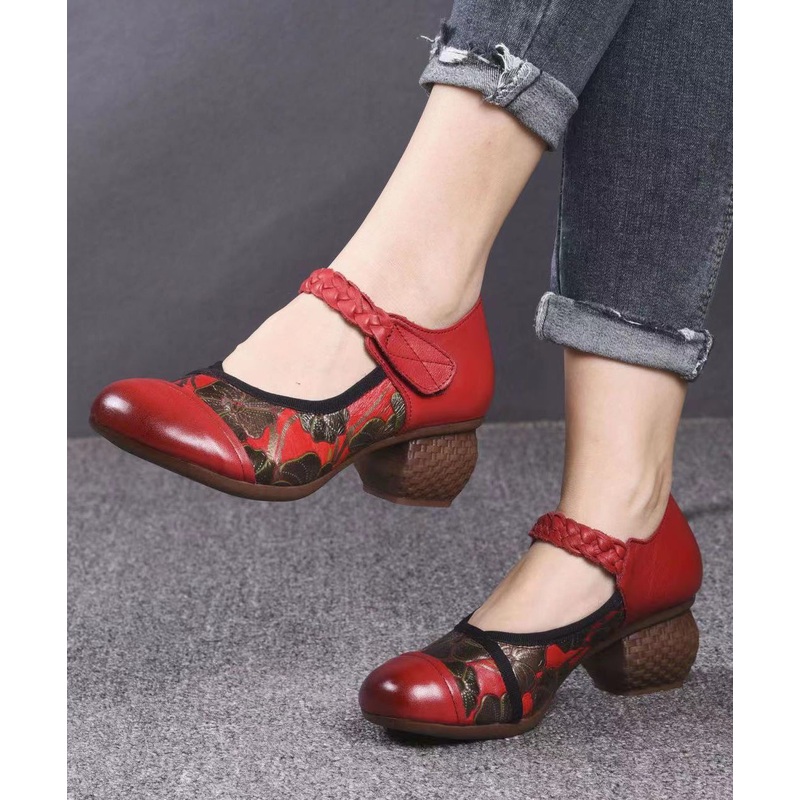 Red Embossed Cowhide Leather Retro Splicing Buckle Strap