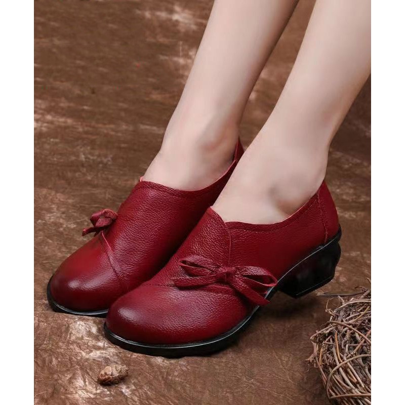 Red Handmade Retro Splicing Chunky Heel