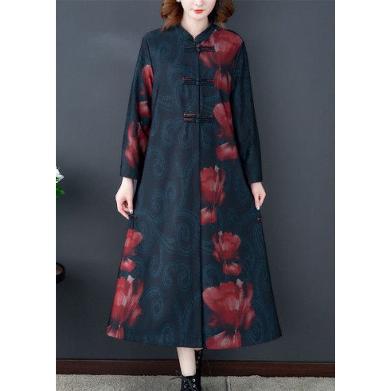 Red Print Silk Long Trench Coats Stand Collar Oriental Button Long Sleeve