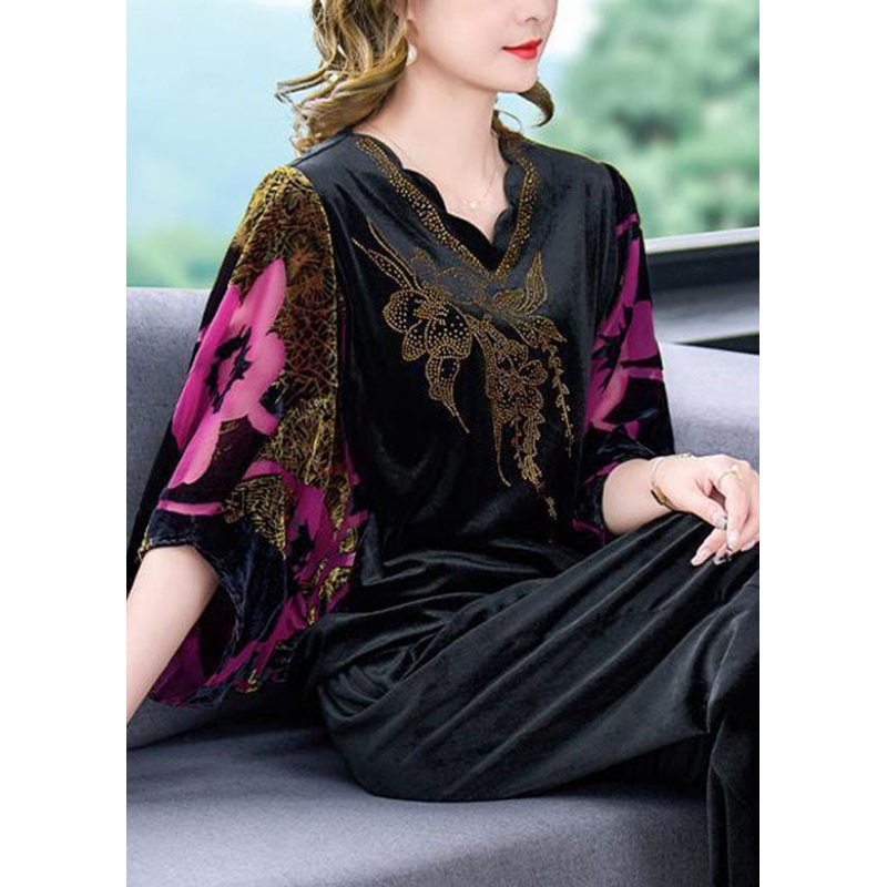 Rose Print Silk Velour Tops And Pants Two Pieces Set V Neck Batwing Sleeve
