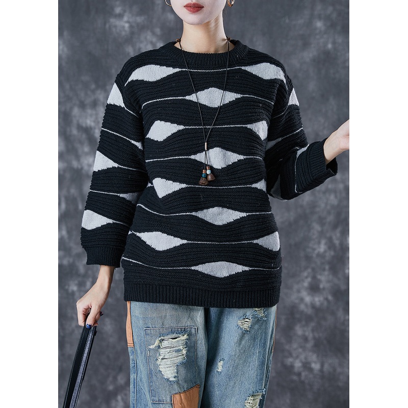 Simple Black Oversized Print Knit Sweaters Winter