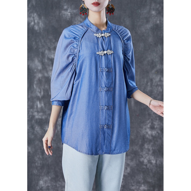 Simple Demin Blue Chinese Button Wrinkled Cotton Shirt Top Fall