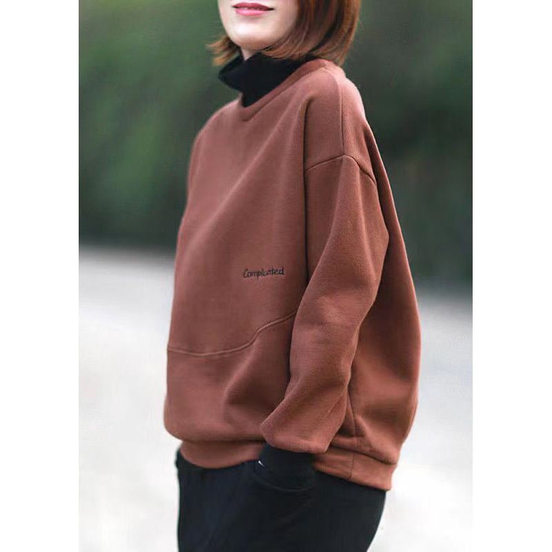 Simple Wine Red Turtleneck Patchwork Warm Fleece Sweatshirt Fall