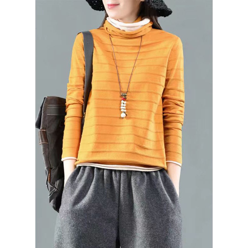 Simple Yellow Turtleneck Patchwork False Two Pieces Knitting Cotton Fall