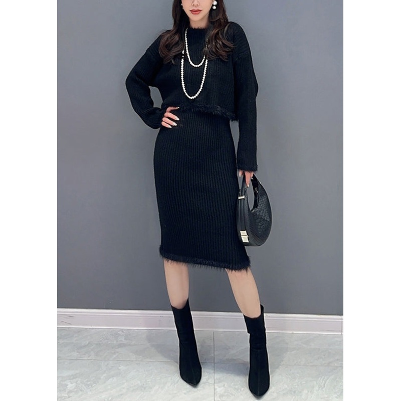 Slim Fit Black O Neck Patchwork Tops And Waistcoat Dress Knit Two Piece Set Fall