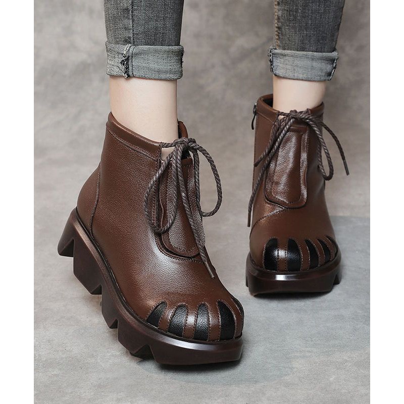 Soft Splicing Lace Up Platform Boots Dark Brown Cowhide Leather