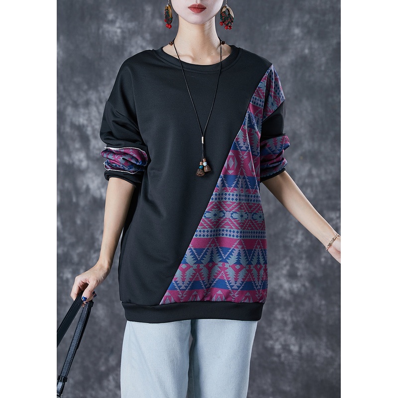 Stylish Black Oversized Patchwork Cotton Sweatshirt Streetwear Fall