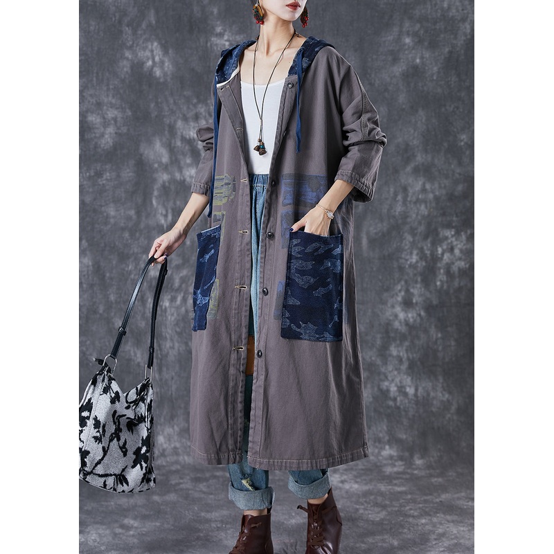 Stylish Grey Hooded Patchwork Cotton Coat Outwear Fall