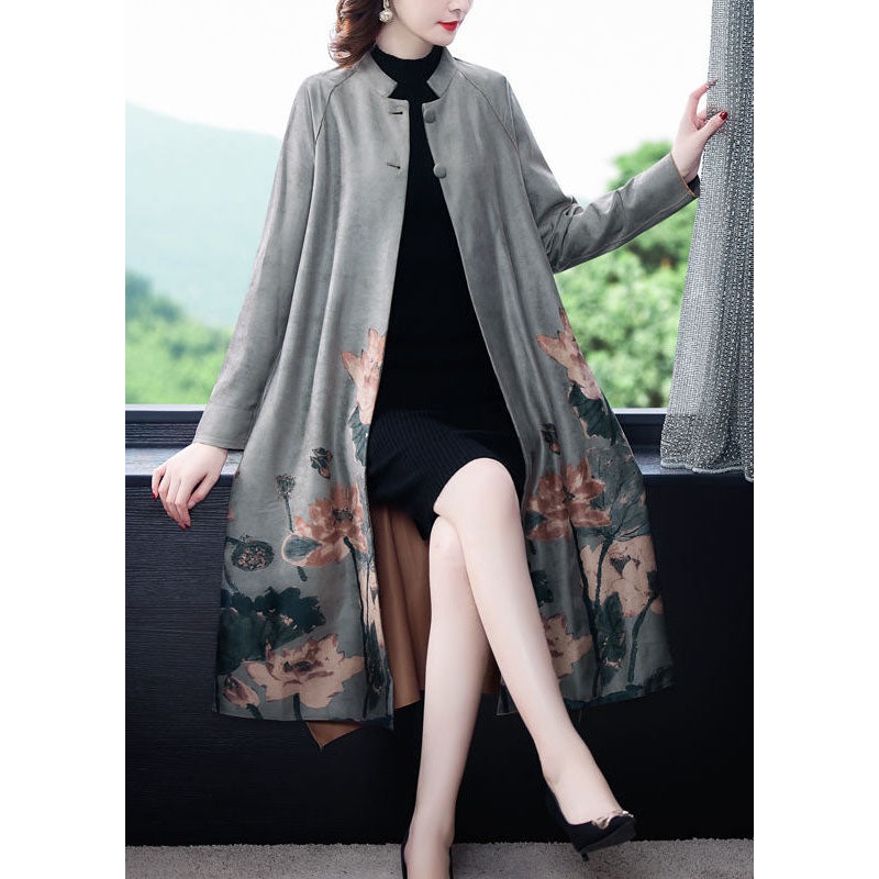 Stylish Grey Stand Collar Oversized Print Faux Suede Coat Long Sleeve