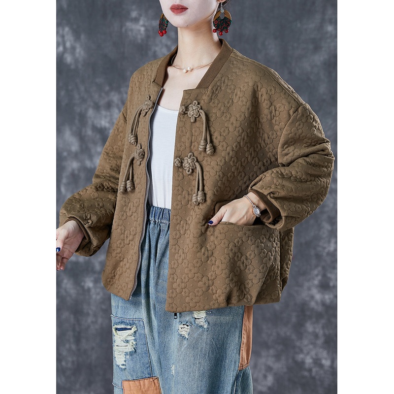 Unique Khaki Tasseled Jacquard Cotton Jacket Fall