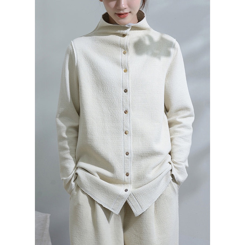 Unique White Stand Collar Button Patchwork Cotton Coats Fall