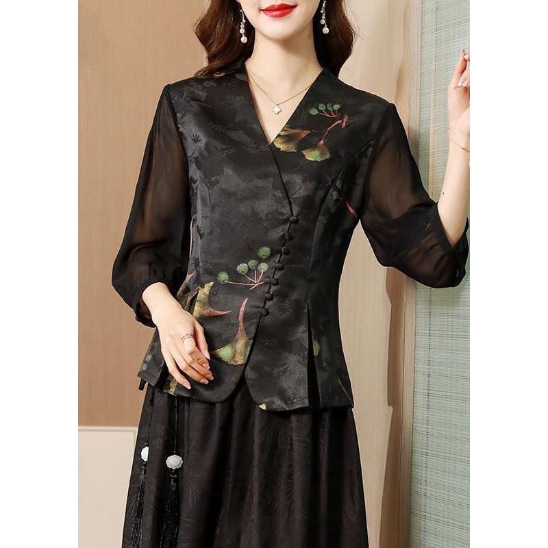 Vintage Black V Neck Patchwork Slim Fit Silk Two Pieces Set Half Sleeve