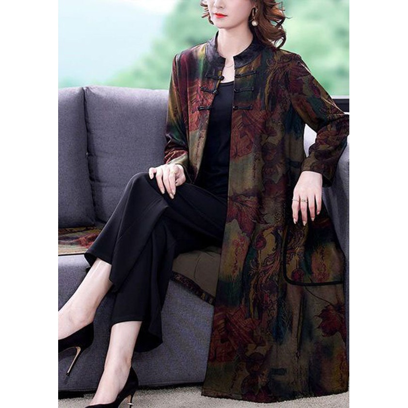 Vintage Red Stand Collar Oversized Print Silk Trench Long Sleeve