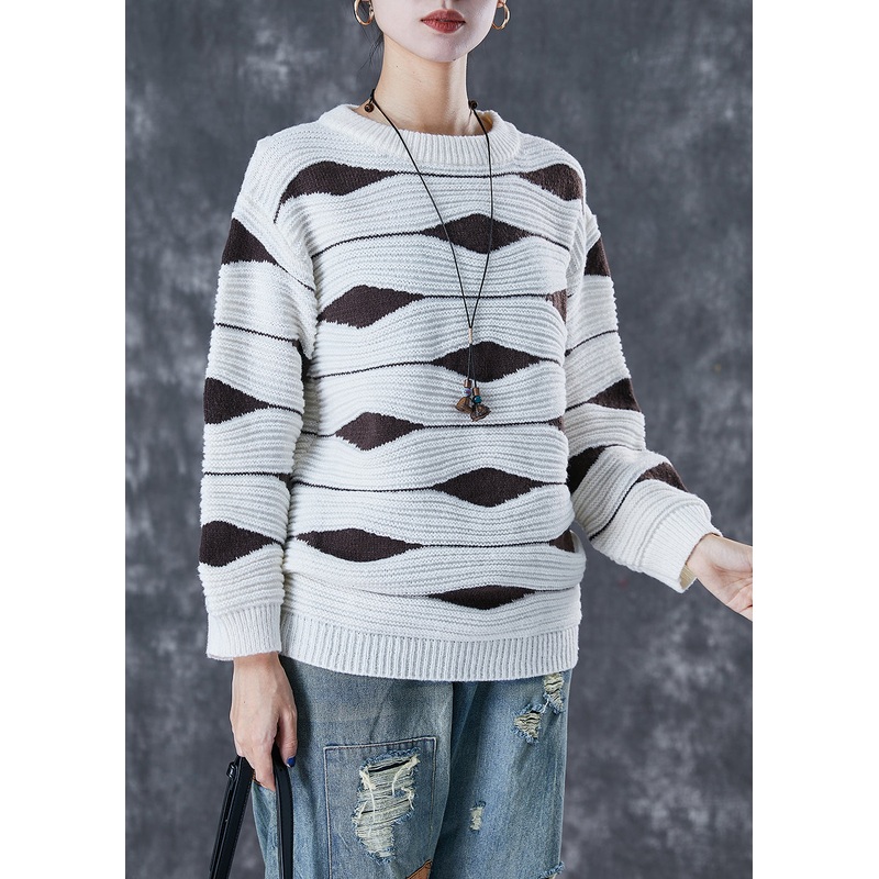 White Print Thick Knit Tops Oversized Winter