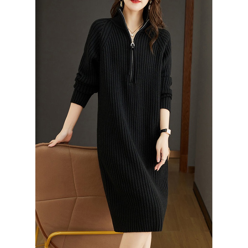 Women Black Zippered Patchwork Woolen Knit Dress Fall