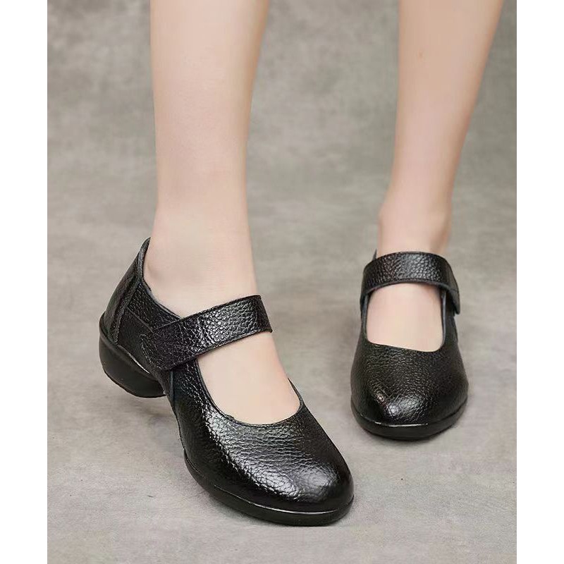 Women Buckle Strap Splicing Chunky Black Cowhide Leather Dance Shoes