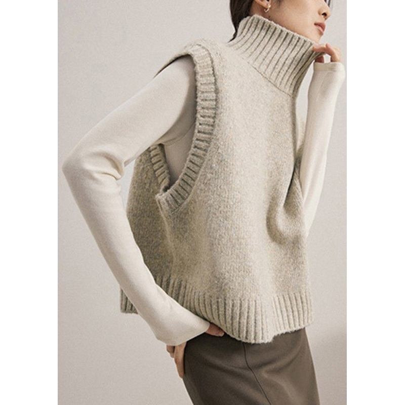 Women Camel Turtleneck Patchwork Knit Waistcoat Sleeveless