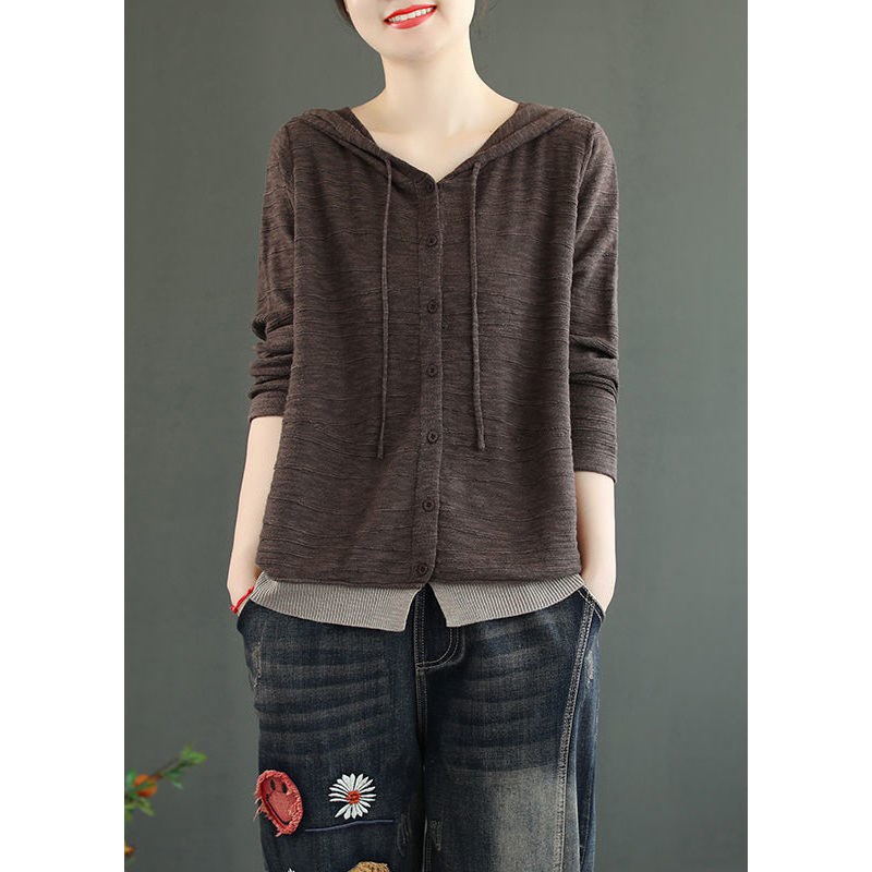 Women Coffee Hooded Button Patchwork Knitting Cotton Top Fall
