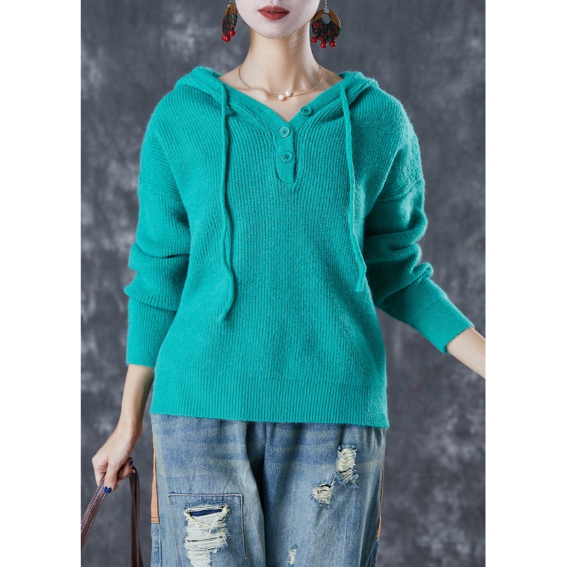 Women Green Hooded Drawstring Knit Sweatshirts Top Fall