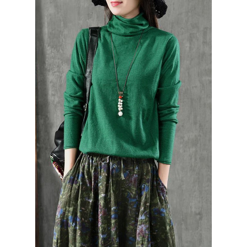 Women Green Turtleneck Patchwork Knitting Cotton Long Sleeve