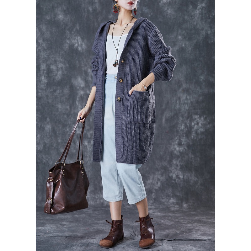 Women Grey Hooded Oversized Knit Cardigan Fall