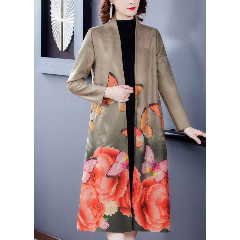 Women Grey V Neck Butterfly Print Faux Suede Coats Long Sleeve