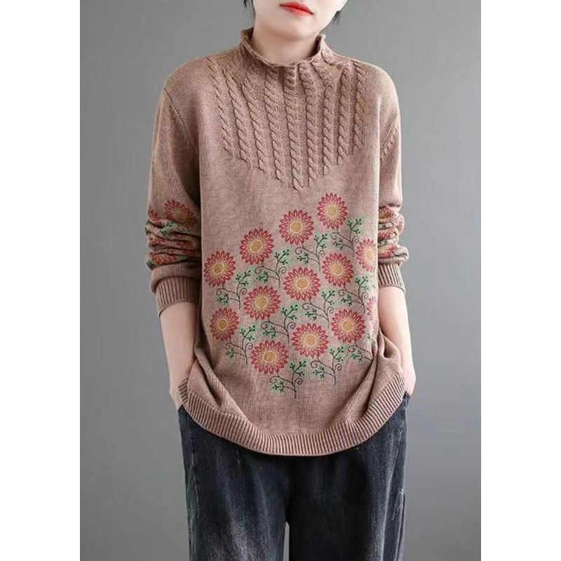 Women Khaki Turtleneck Print Patchwork Knitted Cotton Sweaters Fall