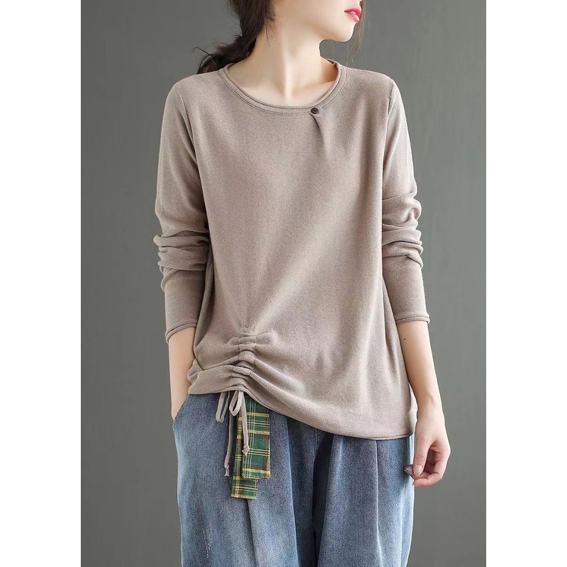 Women Light Camel O Neck Drawstring Patchwork Cotton Top Fall