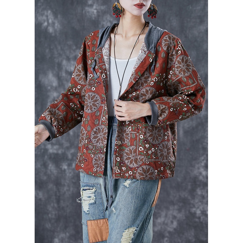 Women Orange Red Hooded Print Cotton Jacket Fall