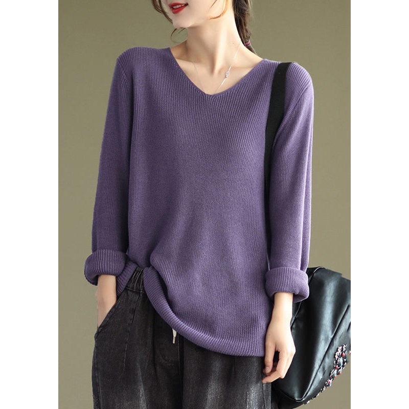 Women Purple V Neck Patchwork Knitting Cotton Tops Long Sleeve