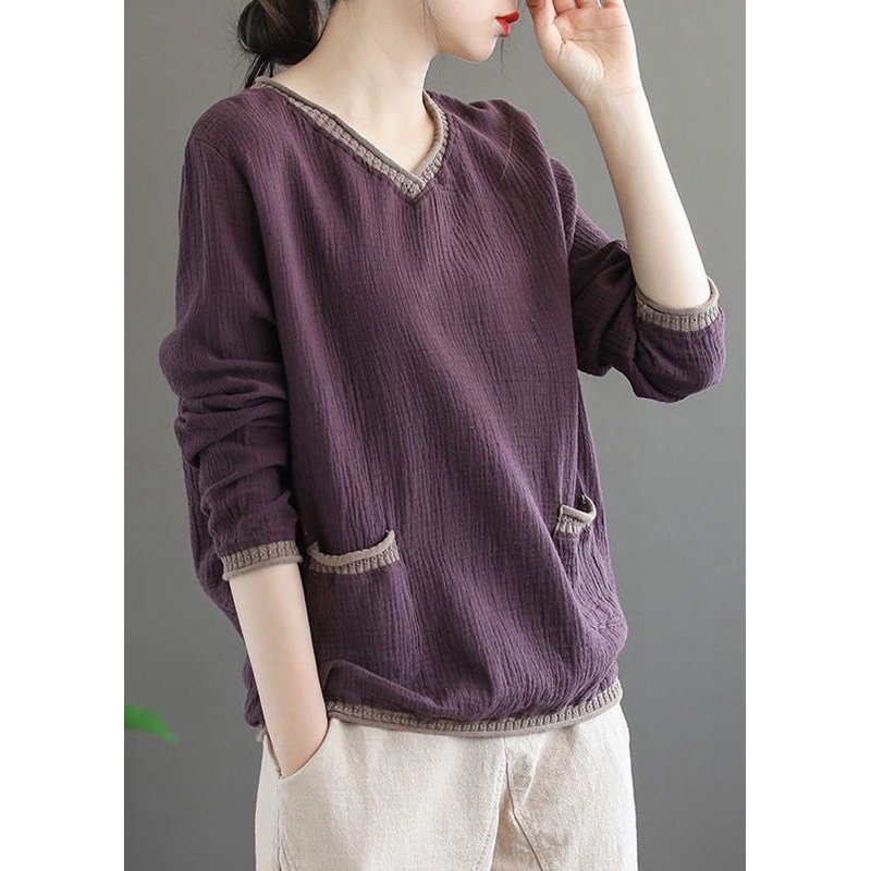 Women Purple V Neck Pockets Patchwork Cotton Top Fall