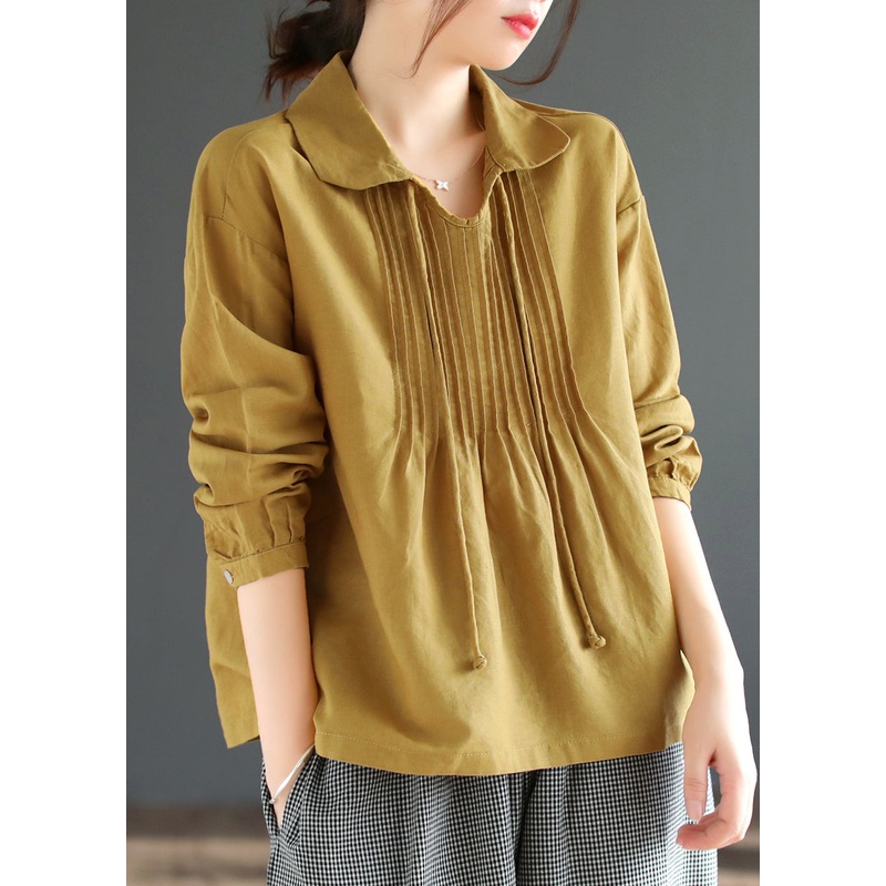 Yellow Lace Up Patchwork Cotton Blouses Peter Pan Collar Fall