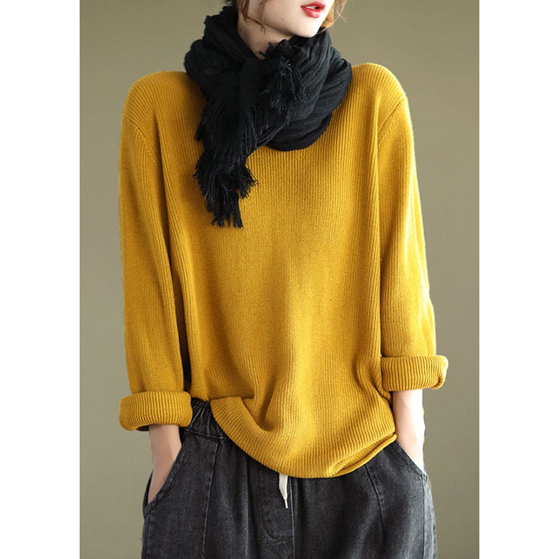 Yellow Patchwork Loose Knitting Tops Cotton V Neck Fall