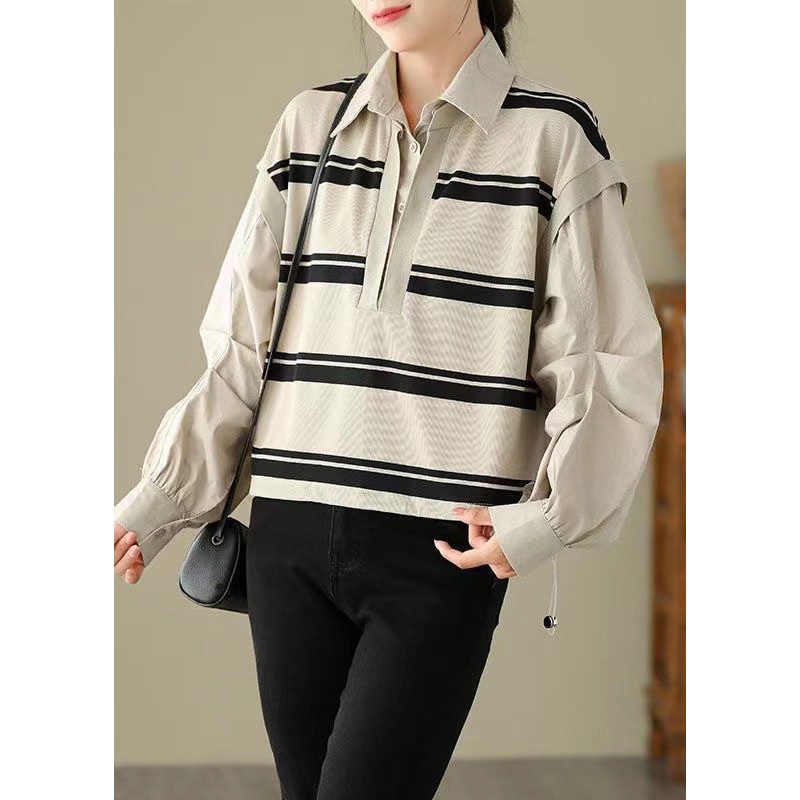 Apricot Striped Patchwork Cotton Shirt False Two Pieces Fall