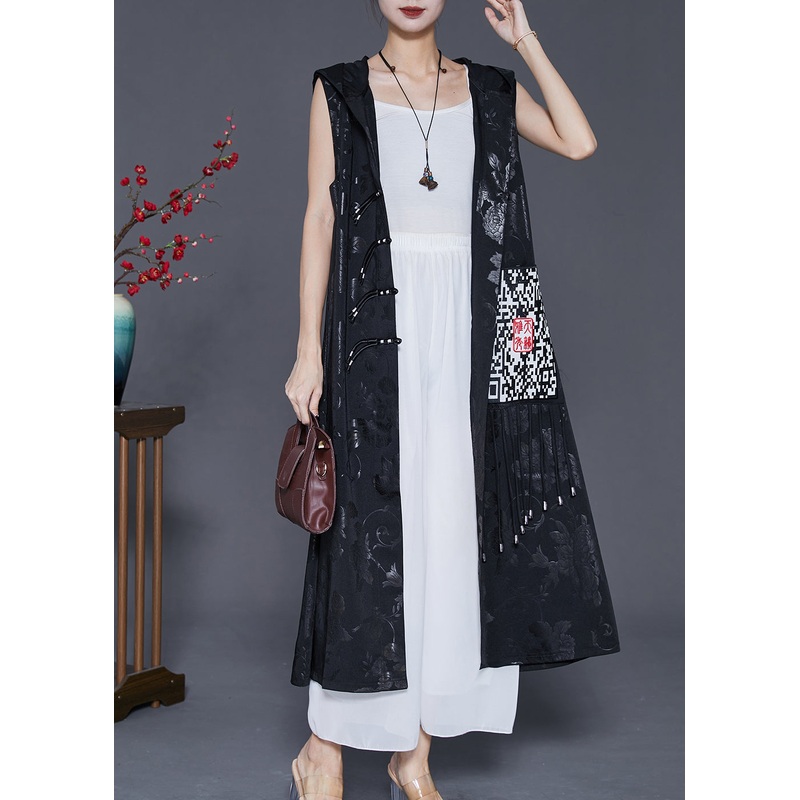 Art Black Hooded Embroidered Silk Long Vest Fall