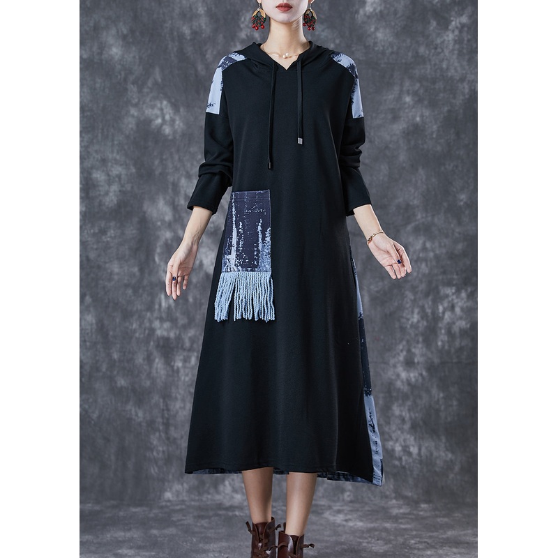 Art Black Tasseled Patchwork Tie Dye Cotton Loose Sweatshirt Dress Fall