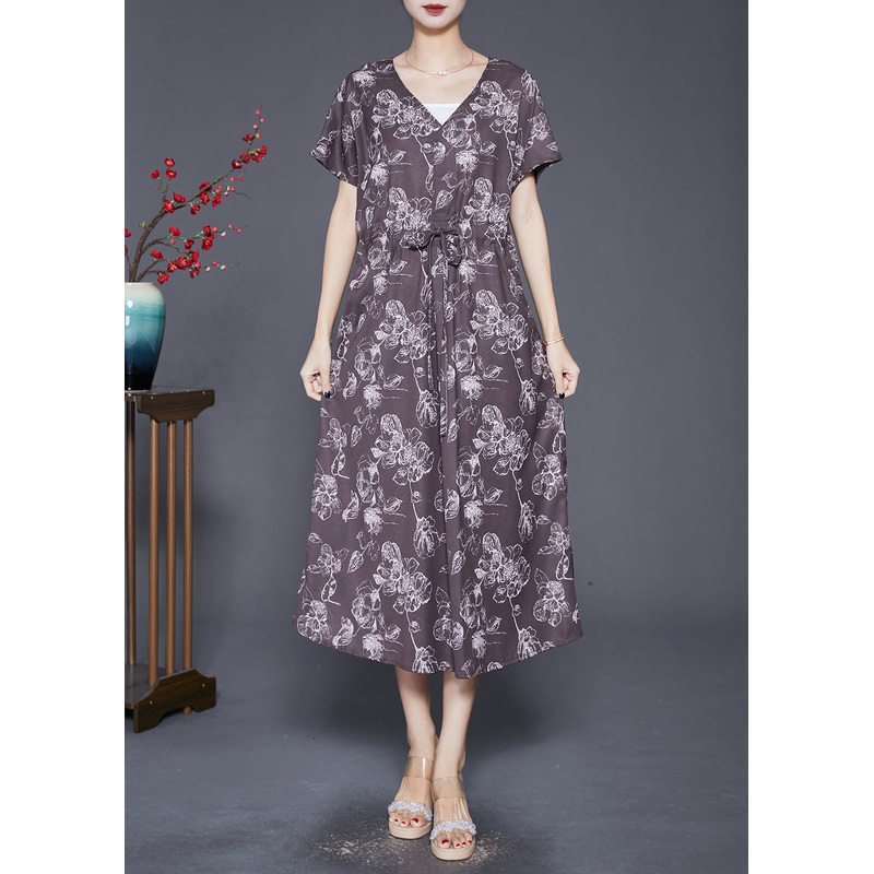 Art Chocolate Cinched Print Silk Party Dress Summer