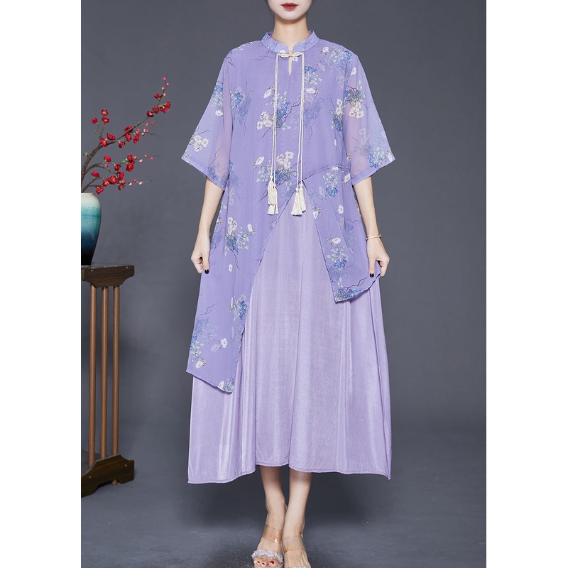Art Purple Asymmetrical Patchwork Silk Chinese Style Dress Summer