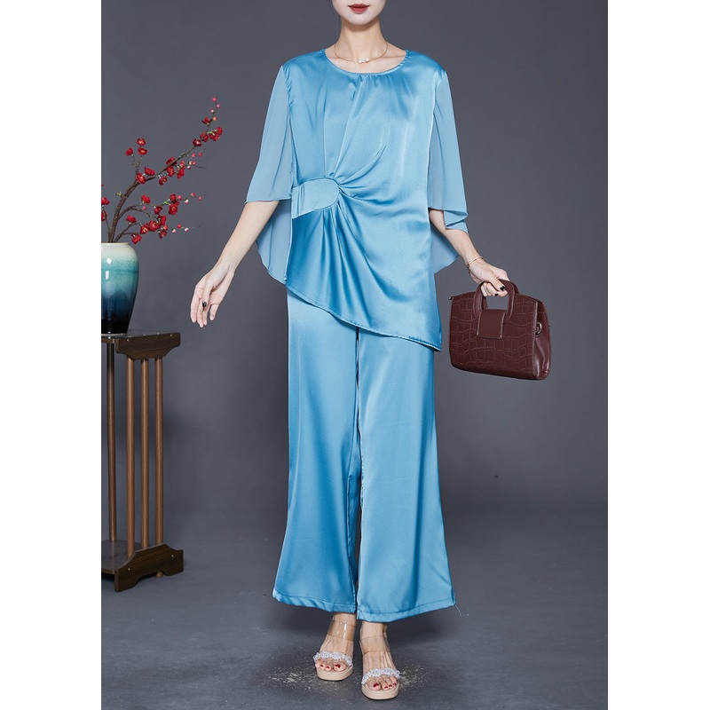 Beautiful Lake Blue Asymmetrical Wrinkled Silk Two Pieces Set Fall