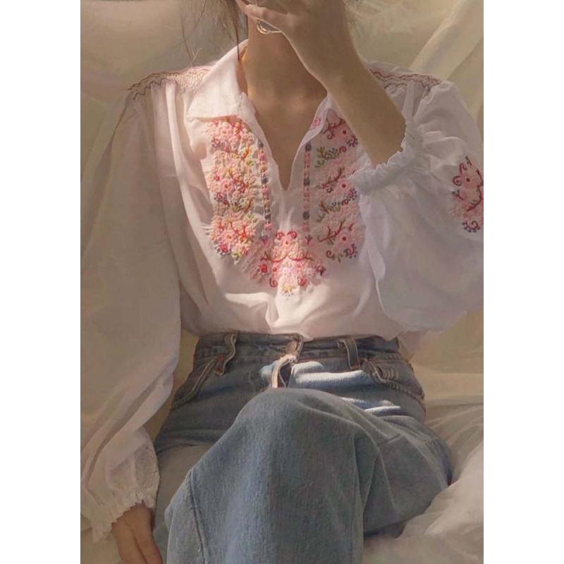 Beautiful White Embroideried Patchwork Chiffon Shirt Fall